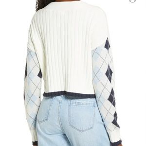 Argyle Ribbed Crop Cotton Blend Cardiga